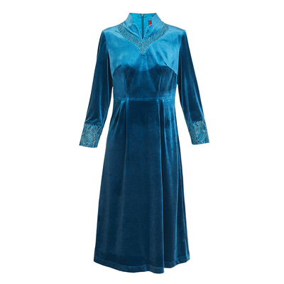 弹力丝绒立领女连衣裙