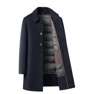 双面绒大衣男士中长款翻领扣子羽绒内胆可脱卸商务行政毛呢外套冬