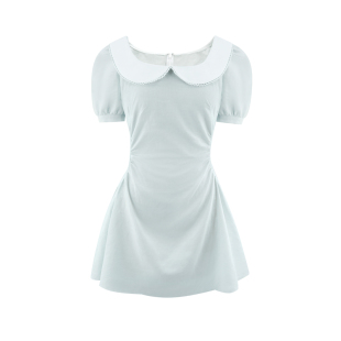 下蛋喵泡泡袖娃娃领圆领甜美a字收腰褶皱显瘦纯色短款连衣裙女夏