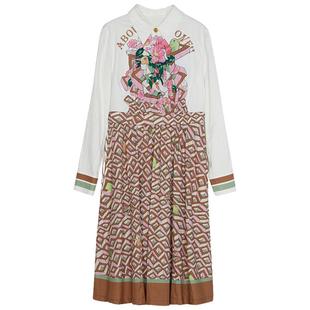 谜底衬衫式连衣裙长袖春新款复古印花中长款大摆裙241ML0091