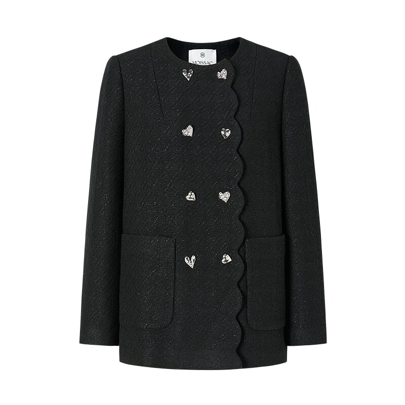 商场同款 摩萨克2026春新款甜美小香风爱心扣花边中长款外套女