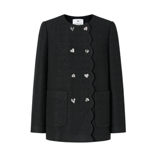 商场同款 摩萨克2026春新款甜美小香风爱心扣花边中长款外套女