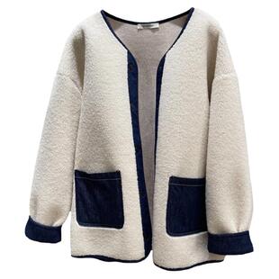 细米定制 牛仔撞色皮毛一体仿羊羔毛外套女冬季加厚保暖韩系棉服