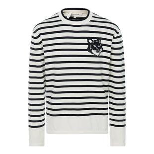 MAISON KITSUNE 春季蓝白条纹狐狸图案男士套头针织衫毛衣