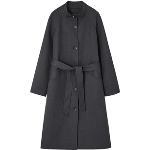 德玛纳韩系立领风衣式外套女25冬季新款中长款拼接条纹袖气质上衣