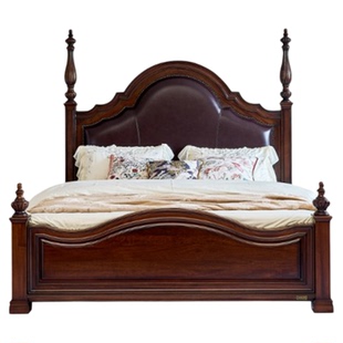蒙杰西家具北美胡桃木美式全实木床复古主卧室大床奢华真皮双人床
