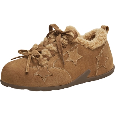 天美意复古加绒红色德训鞋毛毛鞋女运动休闲鞋2025冬新款KK069DM5