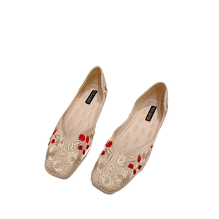 豆豆鞋女2025春款中式鞋子旗袍国风汉服鞋绣花布面方头平底单鞋子