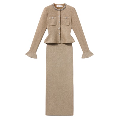 [朱珠同款]self-portrait 2026早春新款金色假两件钻饰年会连衣裙