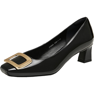 Tata他她通勤方扣高跟鞋女鞋黑色粗跟牛皮单鞋2024冬新款7YO02CQ4