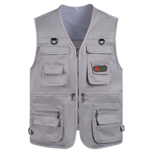 四季中年男士V领马甲多口袋坎肩背心马甲爸爸装户外摄影钓鱼马夹
