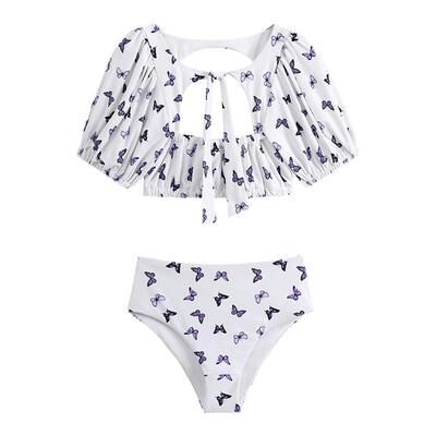 泡泡袖复古印花显瘦小众度假泳衣