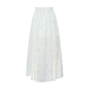 陈瑶同款 Kroche 浪漫法式 手绘印花 天丝蕾丝拼接碎花长款半身裙