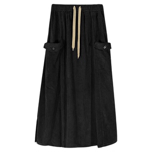 陆与山屿美拉德穿搭裙子女士秋冬季半身裙灯芯绒两侧口袋褶皱裙子