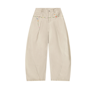 ATRY花卉刺绣休闲裤女春季国潮牌美式复古弯刀裤宽松绿色工装裤男