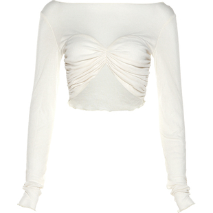 KLIOU 纯欲风复古奶杏色长袖打底衫T恤女显瘦高腰露脐百搭短上衣