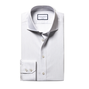 CHARLES TYRWHITT修身版型温莎领灰色细条纹免烫男士纯棉府绸衬衫