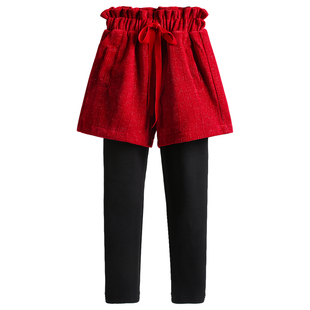 红色过年服裤子女童加绒加厚打底裤裙冬款短款儿童女宝假两件棉裤