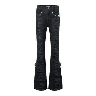 DoublePunch春夏原创新款升级中腰褶皱辣妹修身微喇叭裤牛仔长裤