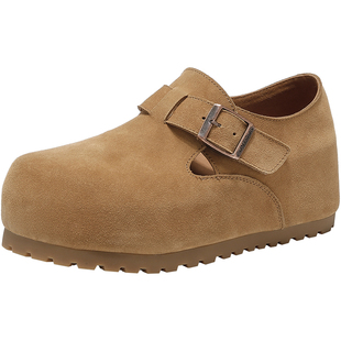 7cm内增高灰色勃肯鞋女春真皮防水全包厚底休闲外穿一脚蹬博肯鞋