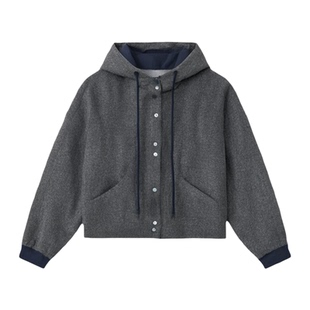 拉夏贝尔撞色连帽抓毛外套女2025年秋冬新款韩版百搭时尚显瘦夹克