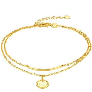 金至尊小圆牌吉象黄金手链女双层叠戴足金微笑钱币手链生日送女友