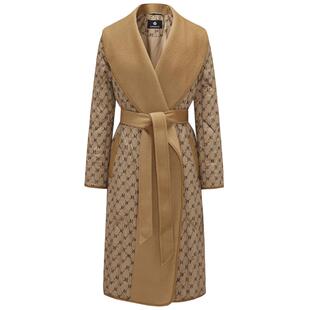 曼德诗羊毛呢拼接羽绒服2024冬季新款时尚字母满印大翻领设计大衣