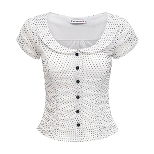 Go Girl Go 法式复古娃娃领白色短袖衬衫女夏季修身波点上衣