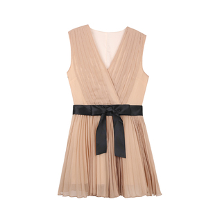 SourceWithU A市千金 2色贵气感漂亮小裙摆风琴褶连衣裙V领背心裙