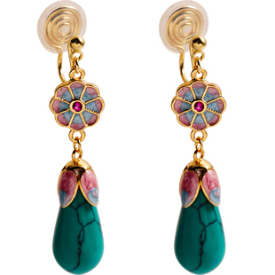 无耳洞复古彩色小花仿绿松石蚊香盘耳夹新中式气质耳钩耳环女耳饰