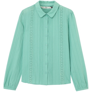 布景衬衫女长袖春季新品简约文艺纯色褶皱镂空设计感纯棉衬衣0103