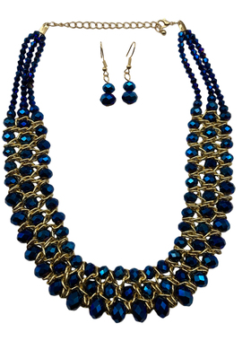 欧美夸张蓝色仿水晶项链耳环套装女合金编织颈链多层百搭链条项饰