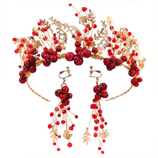 新娘头饰新款韩式超仙结婚敬酒服皇冠发箍红色敬酒礼服红纱发饰品