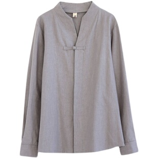 春秋季棉麻布衣新品一扣衬衫苎麻盘扣中国风男式立领纯色长袖衬衣