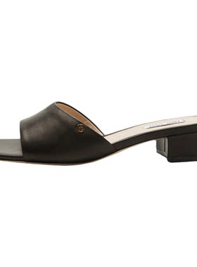 Nine West/玖熙城市诗行黑色真皮方头一字拖女粗跟简约百搭凉拖鞋