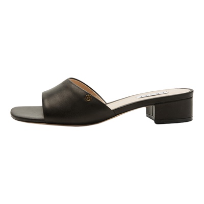 Nine West/玖熙城市诗行黑色真皮方头一字拖女粗跟简约百搭凉拖鞋