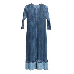 蓝蓝春季新款7分袖连衣裙修身复古牛仔长裙