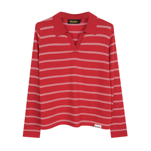 辣到中暑美式复古辣妹街头风条纹撞色翻领长袖T恤宽松休闲上衣ins