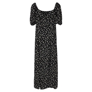 Lavinia春夏新款法式碎花连衣裙女黑色气质一字肩泡泡袖茶歇长裙