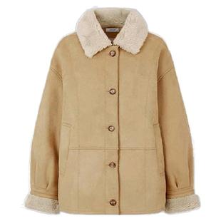 JAMUUS复古羊羔毛皮毛一体翻领外套麂皮绒保暖上衣+毛呢半身裙