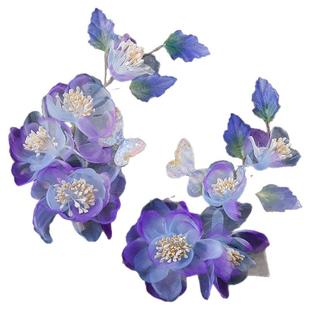 古风森系紫色头花夹子仙气多层烫花立体发夹绢纱蝴蝶花朵对夹发饰