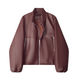 复古港风安可拉红PU皮衣短外套女春秋时尚宽松高级感拉链机车夹克