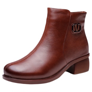 冬季棉鞋低跟软底妈妈棉靴手工复古牛皮女鞋加绒短靴真皮中年女靴