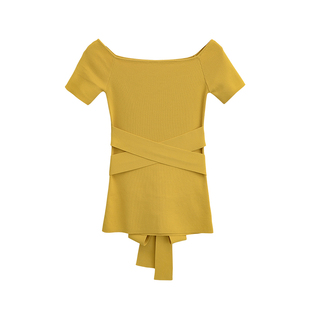 YoungGirlDay 纯欲风性感一字肩交叉绑带收腰显瘦短袖针织T恤上衣