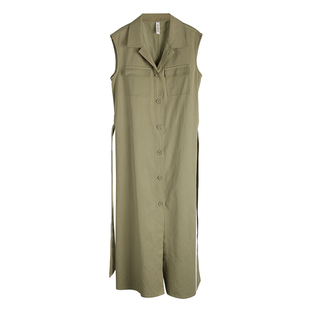 军绿色天丝V领无袖衬衫连衣裙女2025年夏季新款法式收腰a字裙子