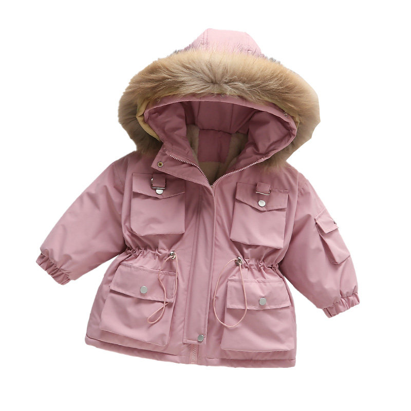 女童冬装加绒派克服真毛领棉衣2025新款儿童加厚棉服宝宝连帽外套