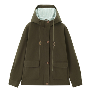 佐丹奴休闲外套女工装风纯棉磨毛口袋宽松连帽拉链夹克女05374688