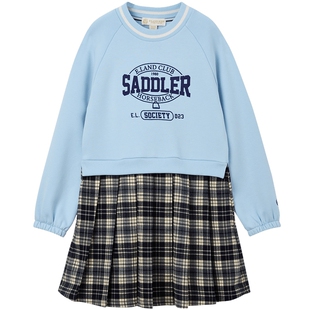 eland kids衣恋童装女童连衣裙春秋季休闲假两件拼接卫衣百褶裙子