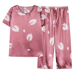 夏季睡衣女冰丝真丝绸短袖七分裤家居服套装中年中老年妈妈休闲