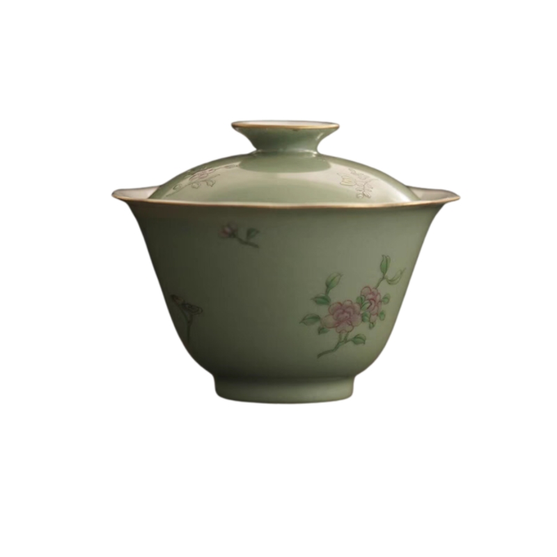 小白茶具//赋山堂石青花卉葵口盖碗手工手绘两才泡茶碗清新淡雅色